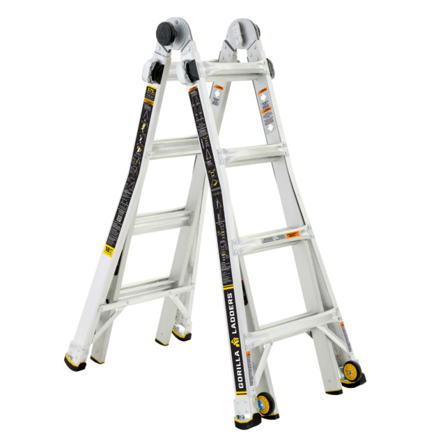 White Gorilla Ladders multi-position ladder, text: "Gorilla Ladders," engineered for strength.