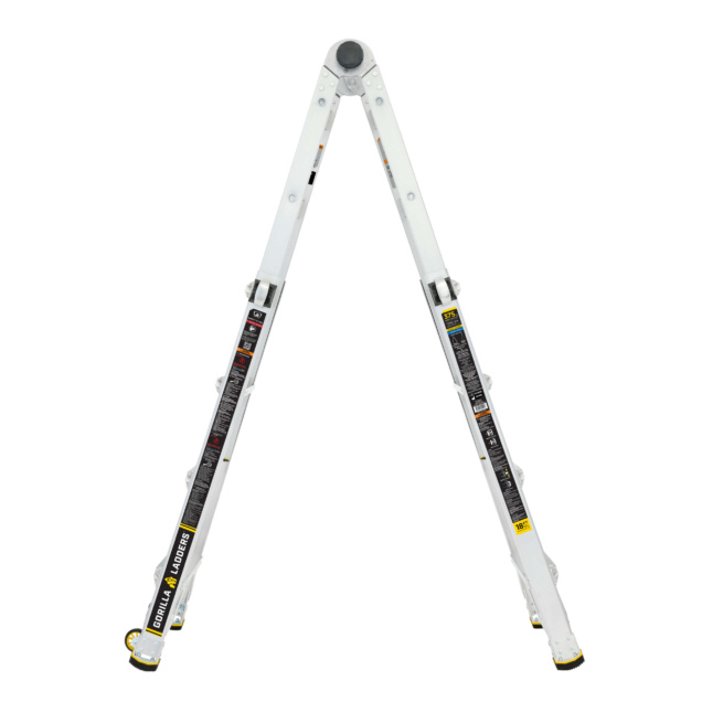 White adjustable Gorilla Ladders ladder. Text: "Gorilla Ladders" and "375 lb."