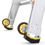 Close-up of a Gorilla Made ladder base with yellow wheels and anti-slip feet.