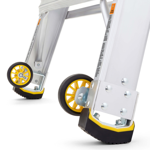 Close-up of a Gorilla Made ladder base with yellow wheels and anti-slip feet.