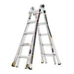 White Gorilla Ladders model, multi-position with safety labels and sturdy build.