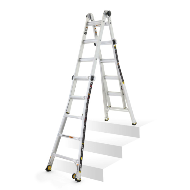 Adjustable white Gorilla Made ladder with safety labels, positioned on stairs.