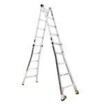 Gorilla Made heavy-duty white ladder with adjustable height and safety labels.