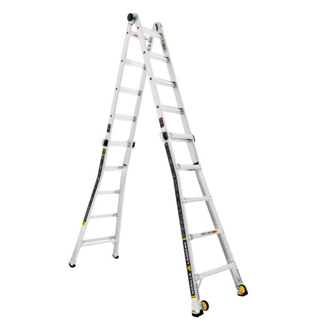 Gorilla Made heavy-duty white ladder with adjustable height and safety labels.