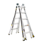 White Gorilla Ladders ladder with black and yellow accents, shown in an A-frame position.