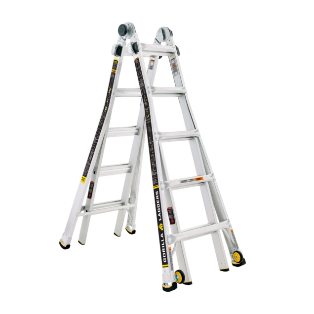 White Gorilla Ladders ladder with black and yellow accents, shown in an A-frame position.
