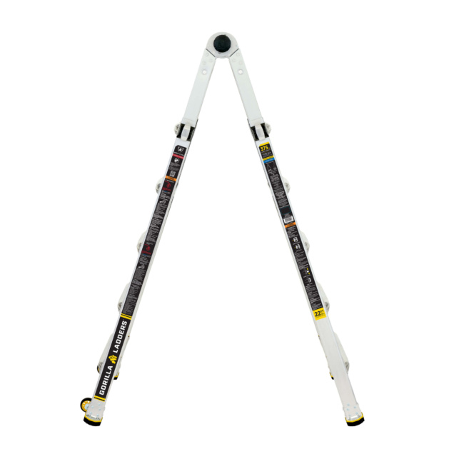 White multipurpose ladder, Gorilla Ladders brand visible, showing "375 lbs" label.