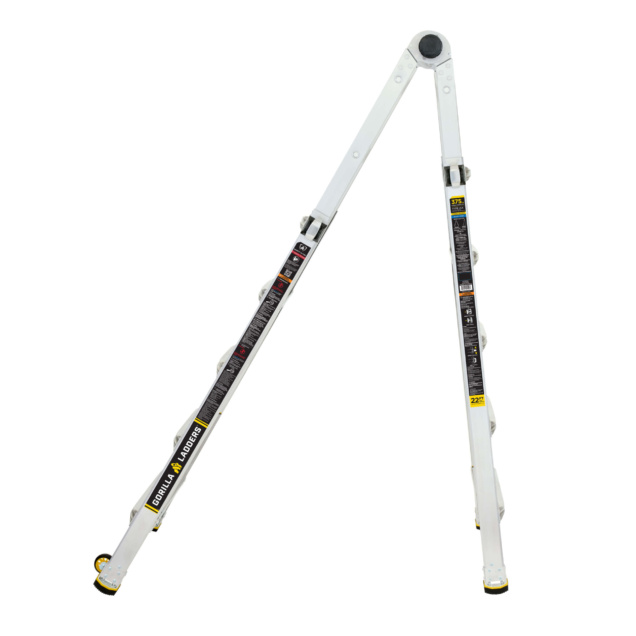 White adjustable Gorilla Ladders product, 22 feet high, features safety labels.
