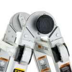 Close-up of an aluminum Gorilla Made ladder with black locks, warnings visible.