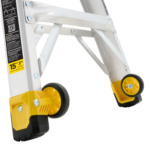 Yellow and silver ladder base with wheels, text reads "15 FT 2 IN".