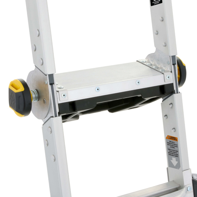 Close-up of Gorilla Made ladder joint with yellow and black locking mechanism.