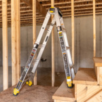 Gorilla Made GMPXT 15B aluminum ladder, 15 feet high, in construction setting.
