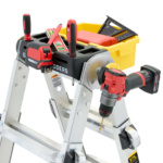 Ladder with drill, level, and tools in yellow tray, marked "GMPXT 15B LADDERS."