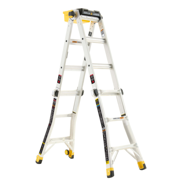 Silver Gorilla Ladders with yellow accents and stabilizer bars. Text: "GORILLA LADDERS".