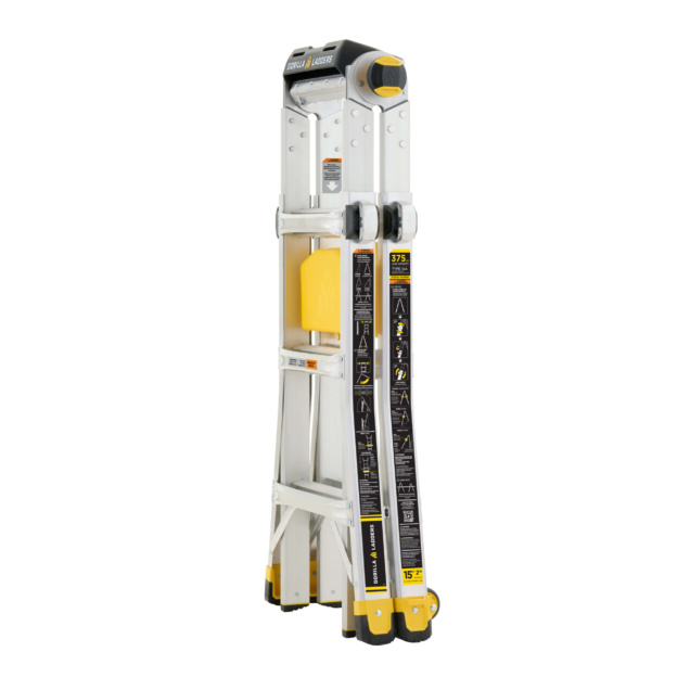 Gorilla Made ladder 15 feet high, yellow accents, 375 lbs capacity, safety tips shown.