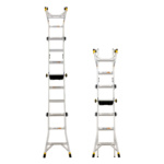 Two silver multi-position ladders with black and yellow accents standing upright.