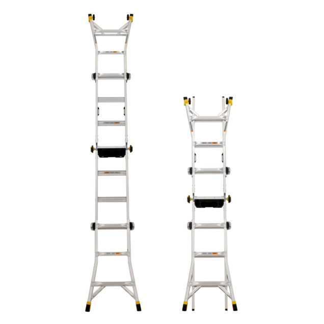 Two silver multi-position ladders with black and yellow accents standing upright.