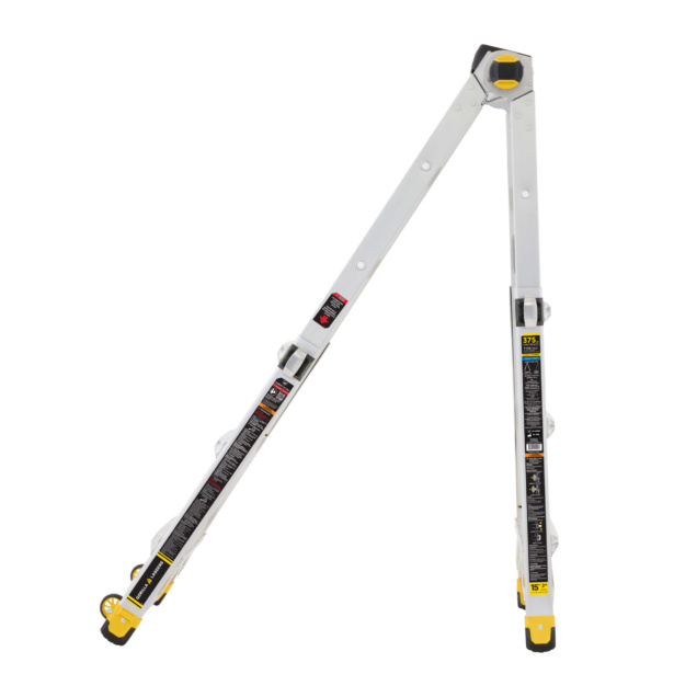 Adjustable white and yellow ladder with text "375 lbs" and "15 ft" depicted against a white background.