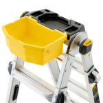 Yellow utility tray attached to a silver Gorilla Made ladder.