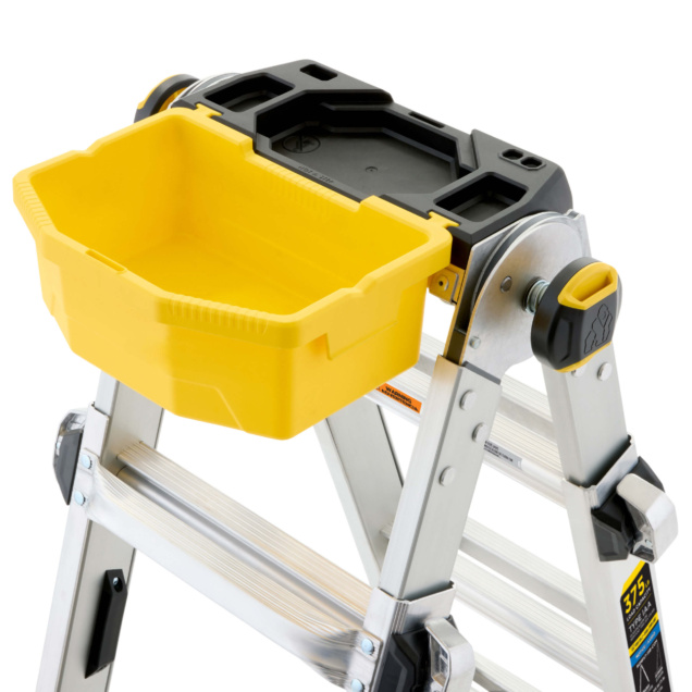 Yellow utility tray attached to a silver Gorilla Made ladder.