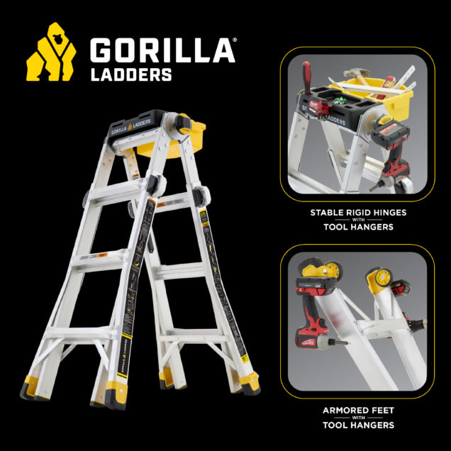 Gorilla Ladders infographic showing white ladder with yellow accents, rigid hinges, armored feet, and tool hangers.