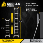 Gorilla Ladders infographic showing 7ft 10in to 11ft 10in extension, 15ft max reach.