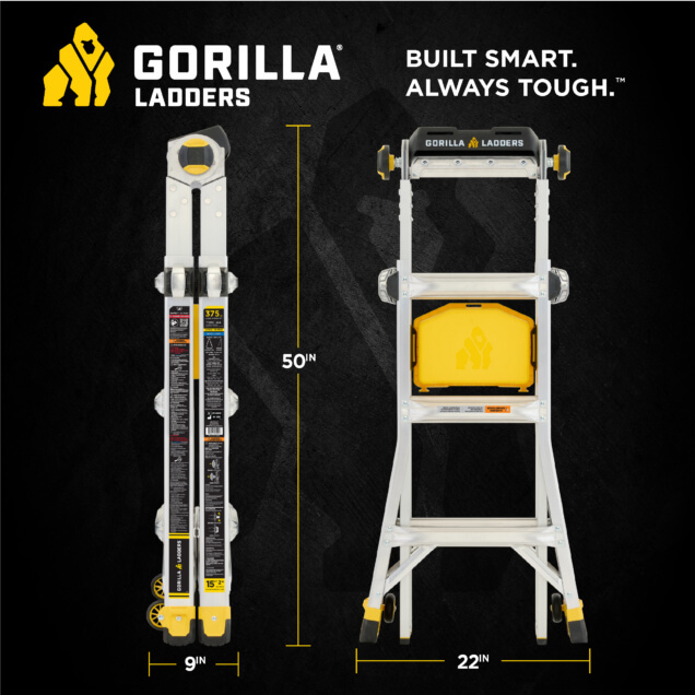 Gorilla Ladders infographic shows a ladder, 50 inches high, 9 inches wide, folded. "Built Smart. Always Tough."