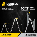 Gorilla Ladders infographic showing twin step ladder, max reach 10 ft 3 in. Text: "Built Smart. Always Tough."
