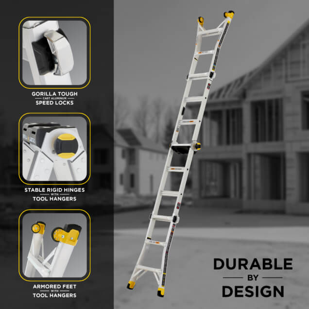 White ladder with yellow accents, featuring "Gorilla Tough Speed Locks" and "Durable by Design" text.