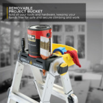 Gorilla Ladders with removable project bucket, featuring tools and paint can. Text: "Removable project bucket."