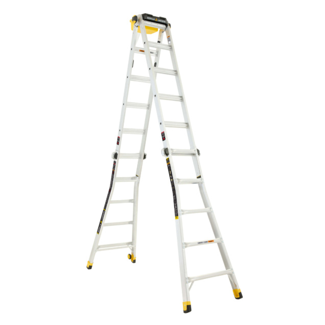 White multi-position ladder with yellow accents from Gorilla Made.