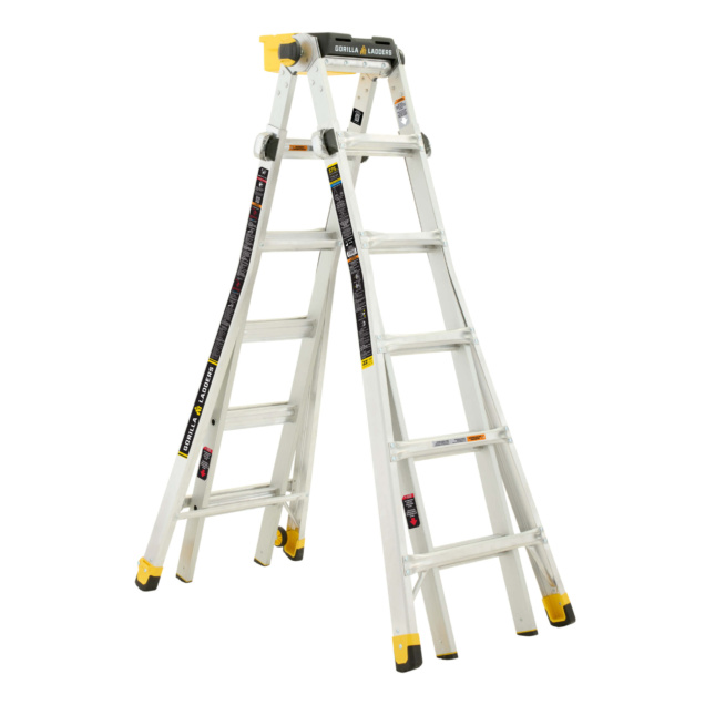 White multi-position ladder with yellow accents, branded "Gorilla Ladders."