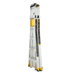 Silver Gorilla Ladders with yellow accents, compact design for storage efficiency.