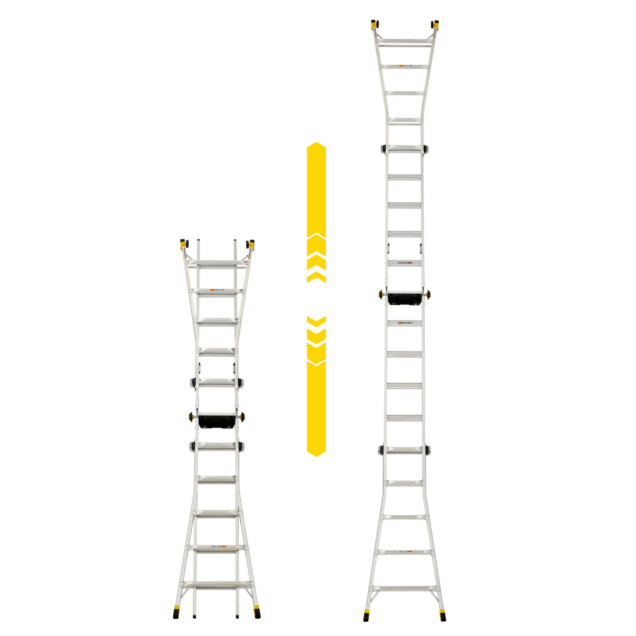 Telescopic ladder extended and retracted, featuring yellow accents.