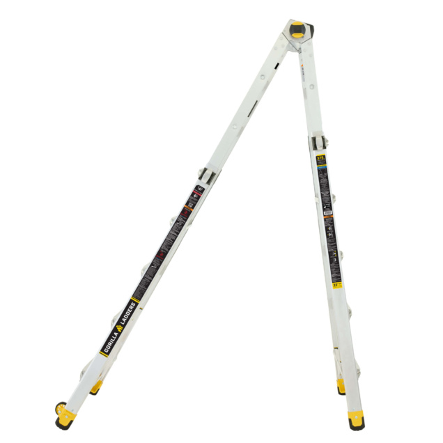 White Gorilla ladder with yellow accents, 375-lb capacity, folded in A-frame position.