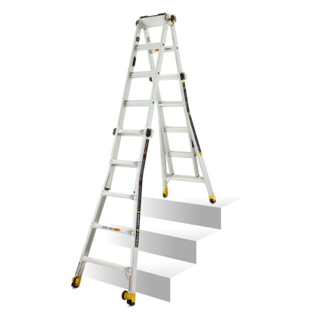 White Gorilla Made ladder with yellow accents, 12 feet high, positioned on stairs.