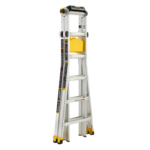 Silver and yellow Gorilla Ladders metal ladder, stored upright, 5 steps visible.