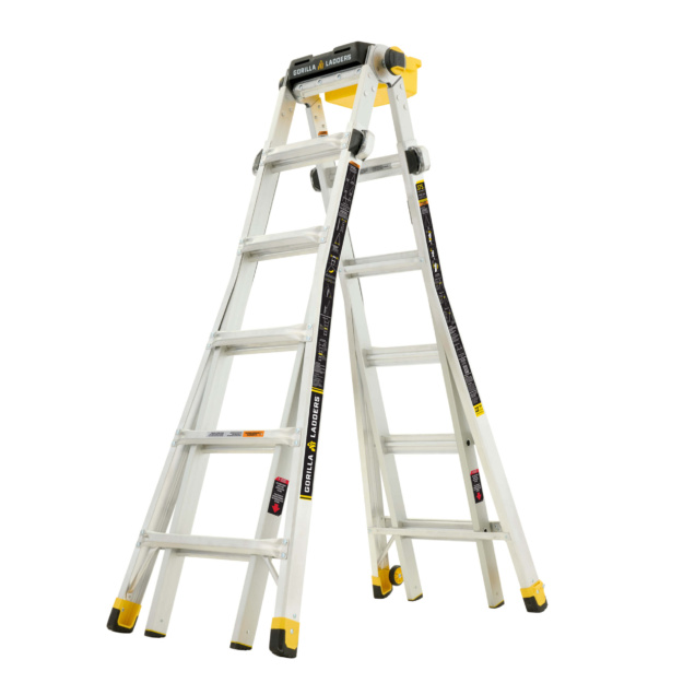 Gorilla Ladders multi-use ladder, silver with black and yellow accents.