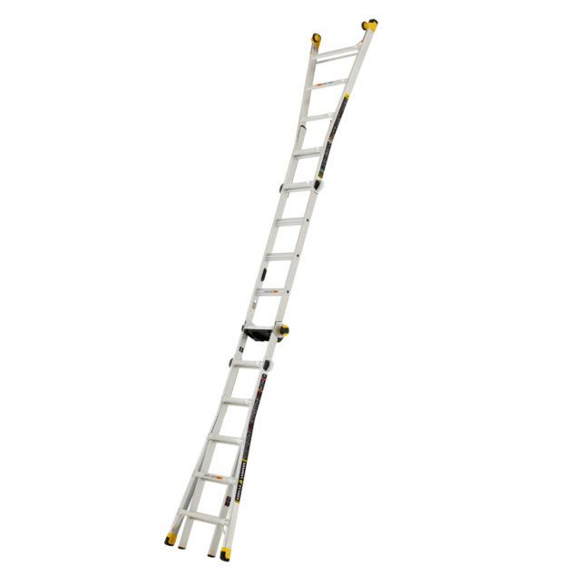 Aluminum extension ladder with yellow accents, featured on Gorilla Made for strength and safety.