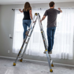Two people on a Gorilla Made ladder hanging curtains in a bright room.