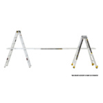 White GMPXT 23B COM Scaffold with yellow accents. Text: "RAIL BRACKET ACCESSORY & PLANK SOLD SEPARATELY."
