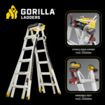 Gorilla Ladders infographic with stable hinges and armored feet.