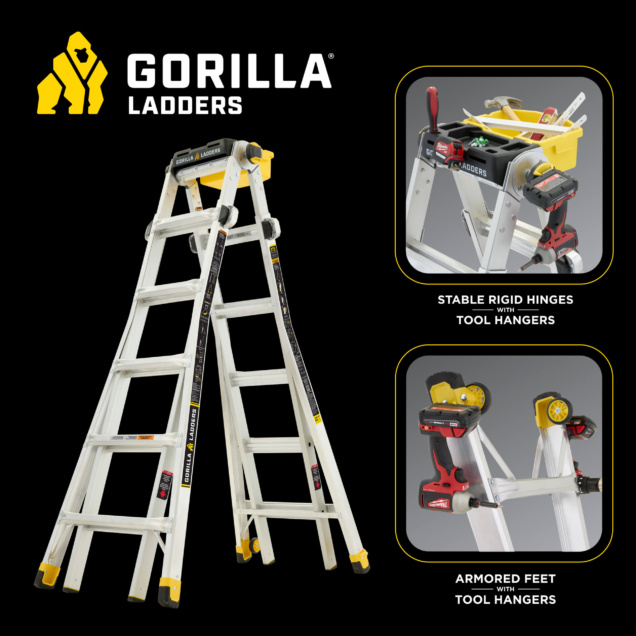 Gorilla Ladders infographic with stable hinges and armored feet.