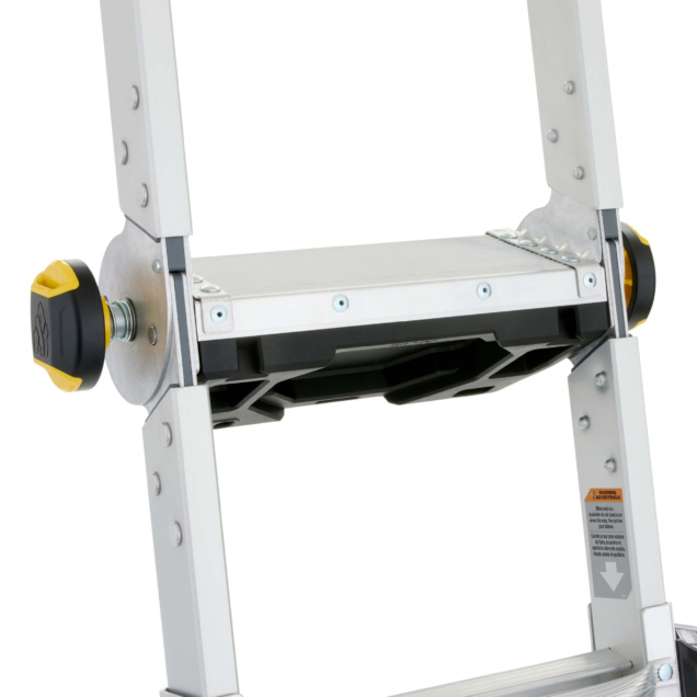 Close-up of GMPXT silver ladder hinge, featuring a sturdy metal platform and yellow knob.