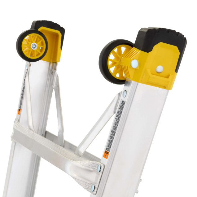 Close-up of Gorilla Made ladder top with yellow wheels and safety features visible.