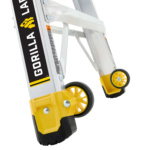 Close-up of Gorilla Ladder with yellow supports and wheels, showcasing sturdy design.