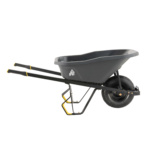 Black wheelbarrow with yellow accents by Gorilla Made, featuring a durable design.