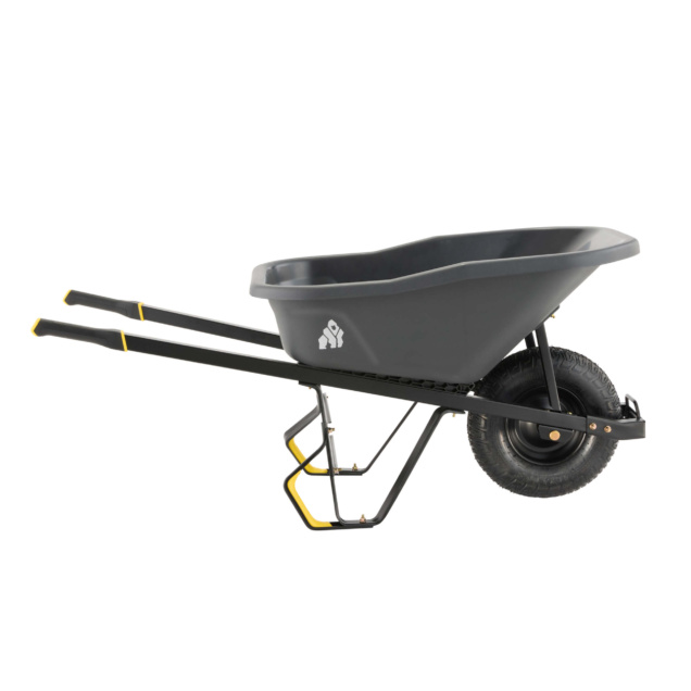 Black wheelbarrow with yellow accents by Gorilla Made, featuring a durable design.