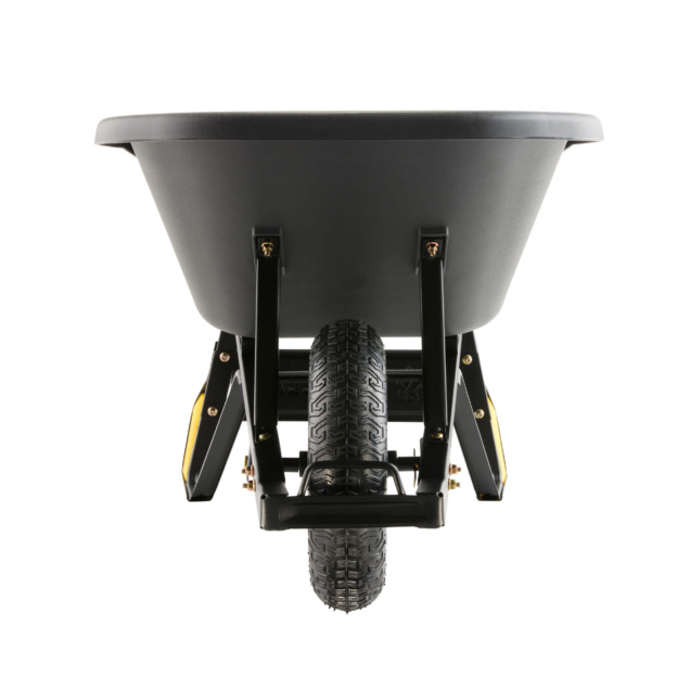 Black heavy-duty wheelbarrow with single tire, viewed from the front.