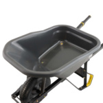 Black wheelbarrow with a single wheel, durable tub, and ergonomic handles.